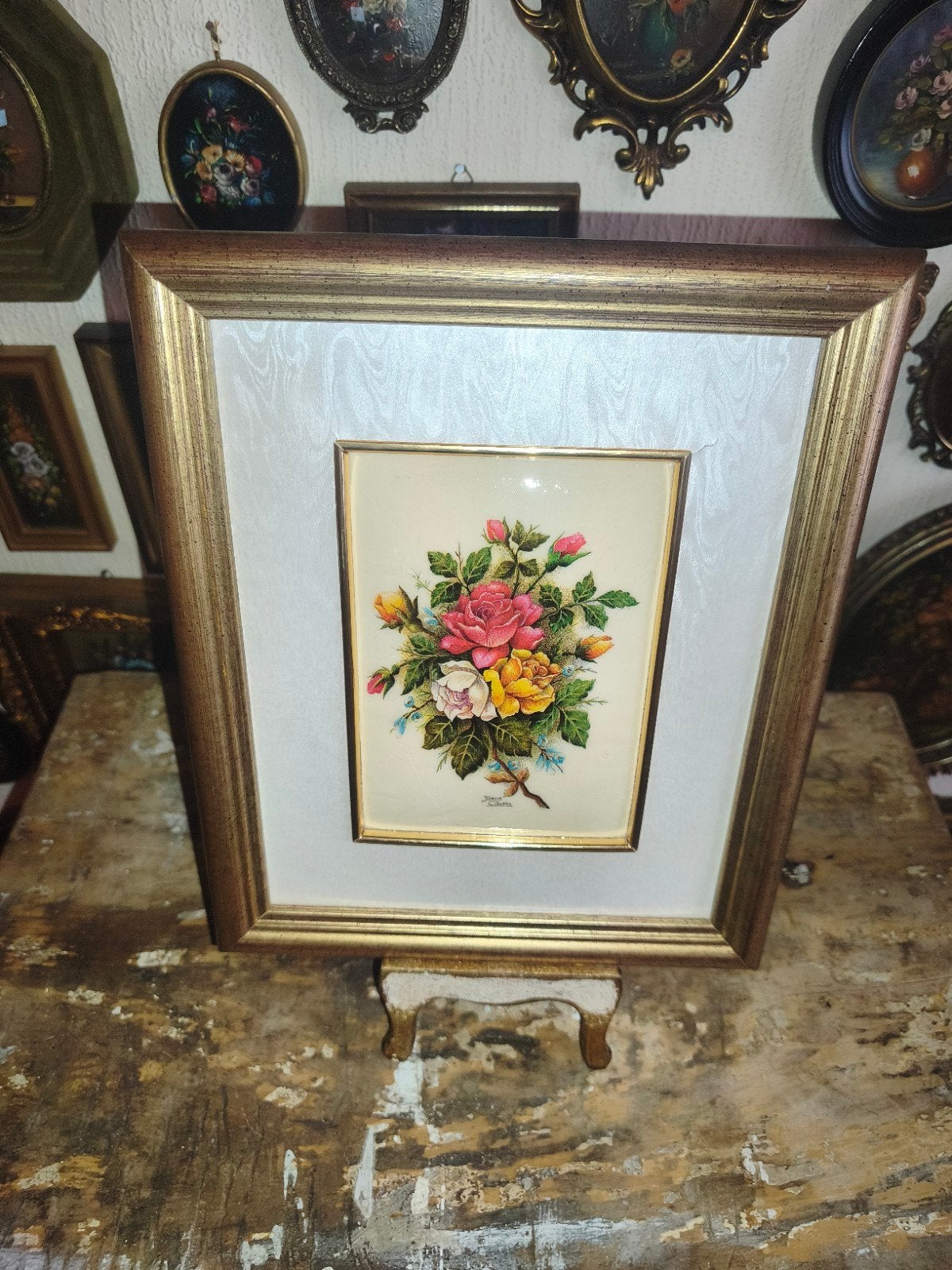 oud schilderijtje schilderij lijst stilleven bloemen Y69, Ophalen of Verzenden