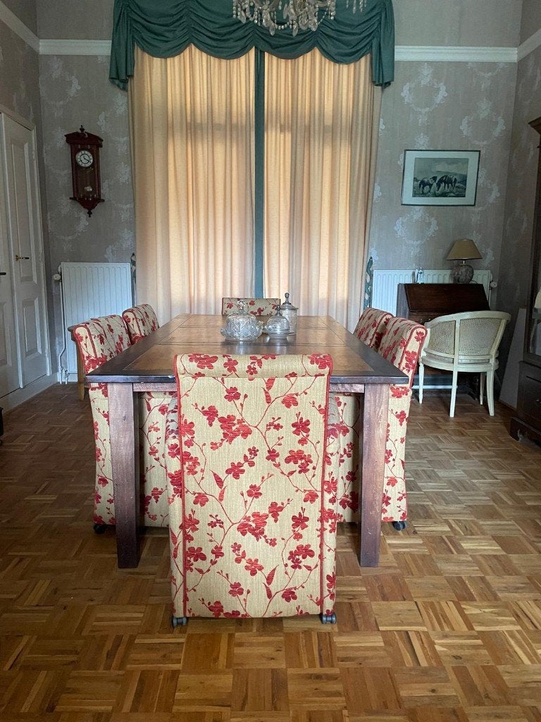 zes eetkamerstoelen / fauteuils op wieltjes, Huis en Inrichting, Stoelen, Ophalen, Gebruikt, Overige kleuren, Stof