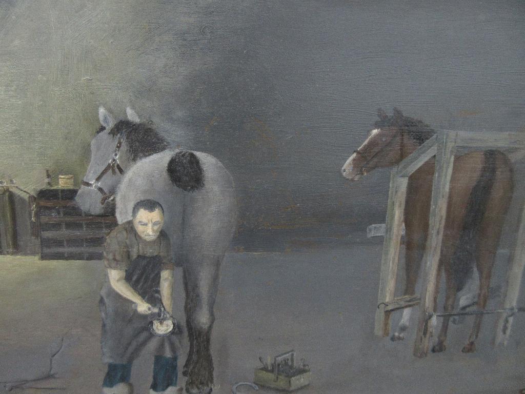 Schilderij hoefsmid met paarden, Ophalen of Verzenden