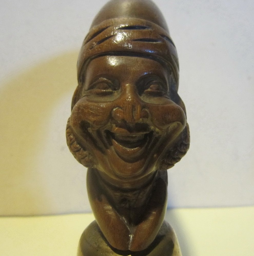 Antieke bronzen bel met handgesneden houten hoofd, Verzenden