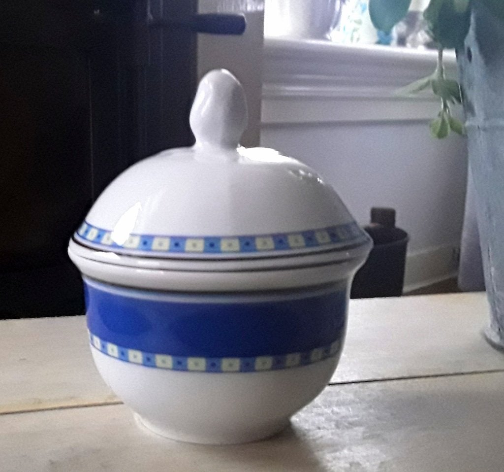 Tcm Tchibo Mainau porseleinen suikerpotje - wit geel blauw, Huis en Inrichting, Keuken | Servies, Overige merken, Overige typen