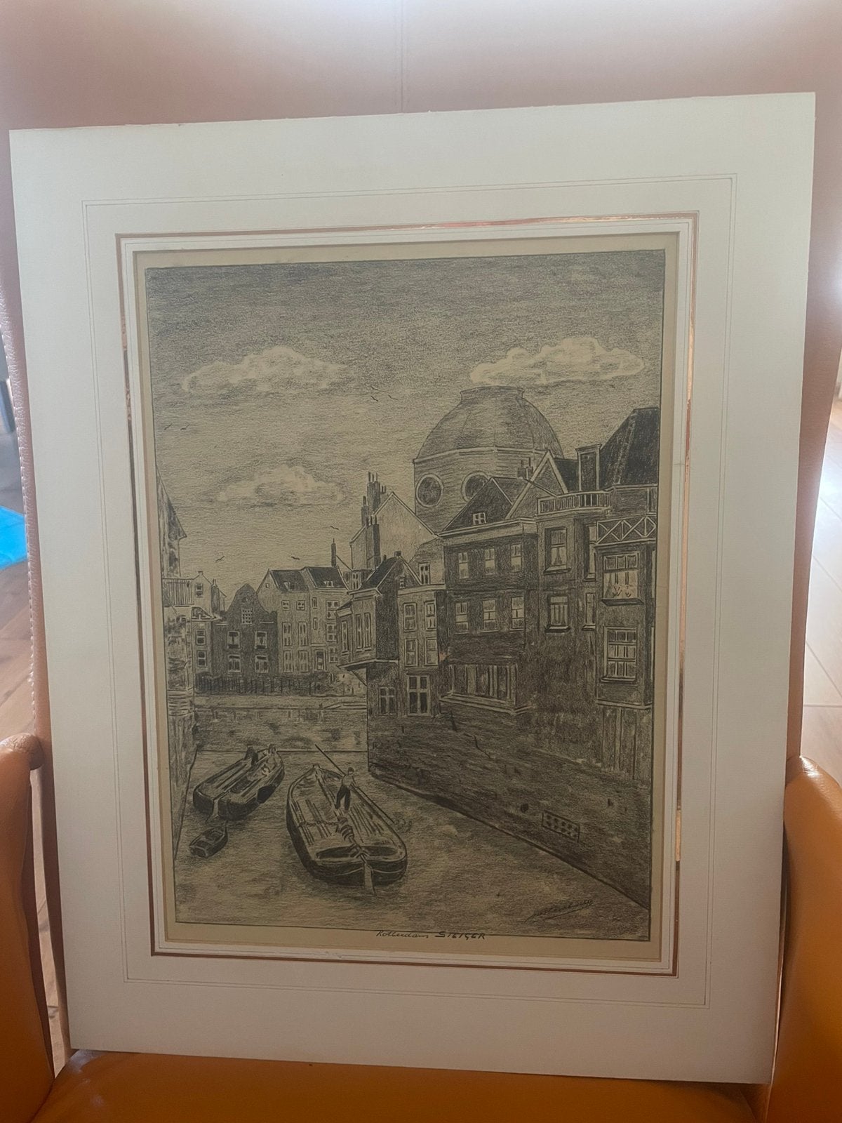 Unieke potloottekening vooroorlogs Rotterdam (Steiger), Antiek en Kunst, Ophalen, Tekening, Potloodtekening, Met passe-partout