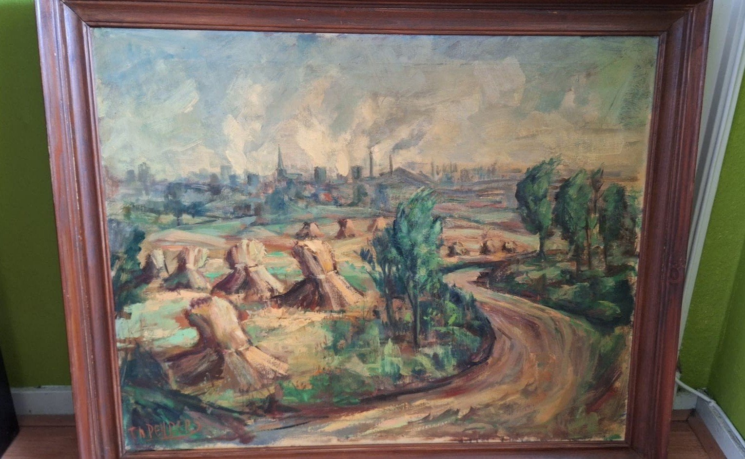 Schilderij Theo Penders - Landschap met hooibergen, Ophalen