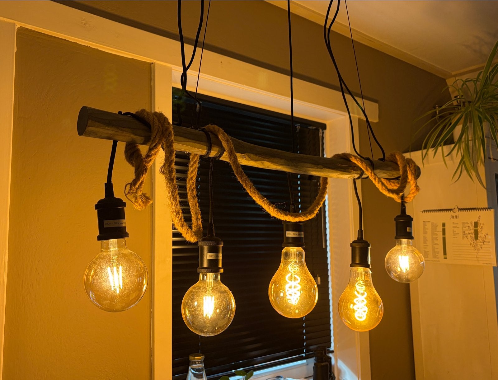 Unieke Houten Hanglamp met Touw en 5 Edison Lampen, Ophalen of Verzenden, Zo goed als nieuw, Hout, E27 (groot)