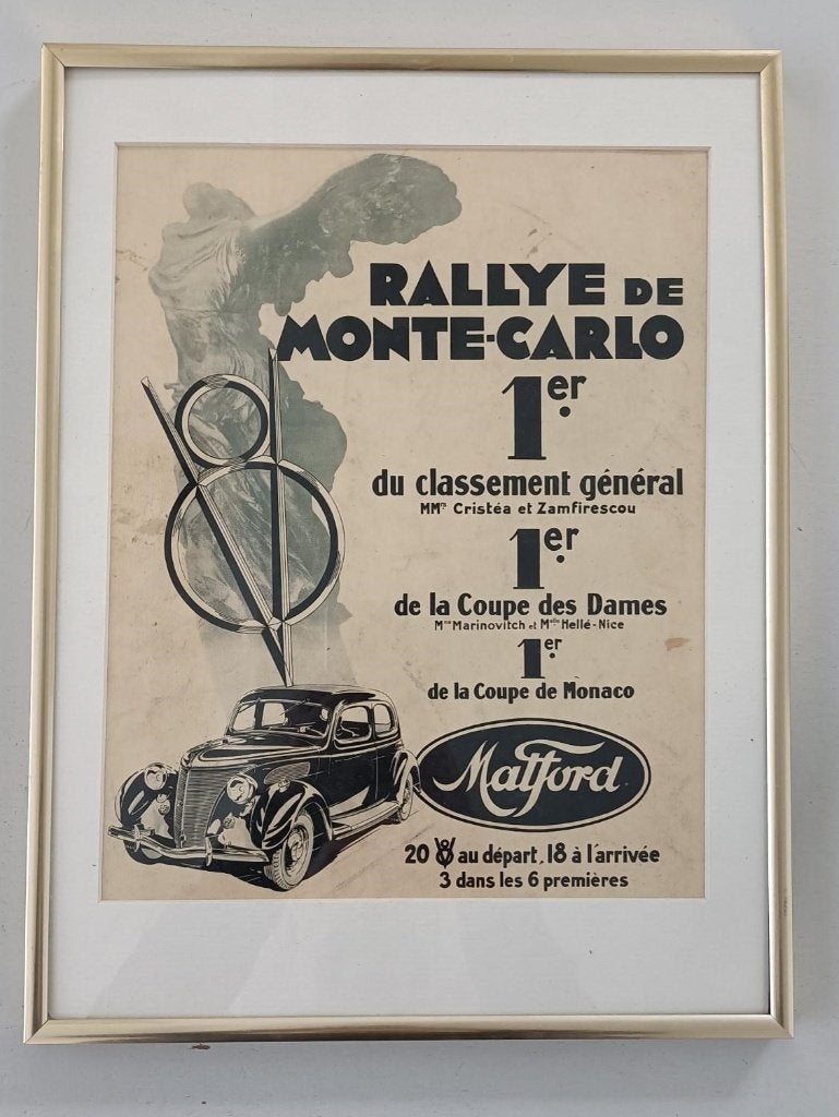 ingelijste auto-advertentie Ford jaren 30 Monte Carlo rally, Ophalen of Verzenden, Gebruikt, Auto's