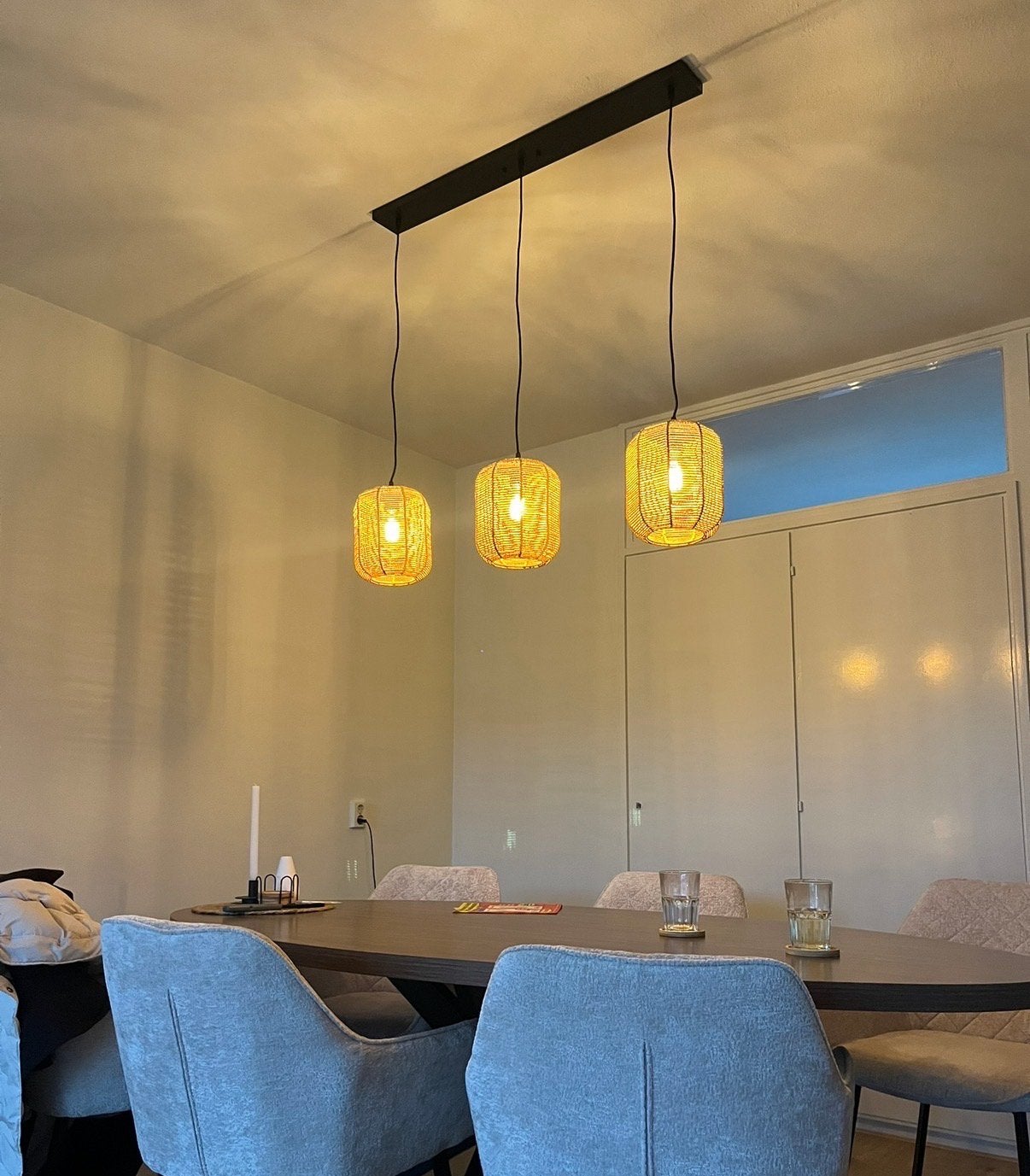 Hanglamp met 3 bollen, Huis en Inrichting, Lampen | Hanglampen, Ophalen, Gebruikt, Natuurlijk materiaal, E27 (groot)
