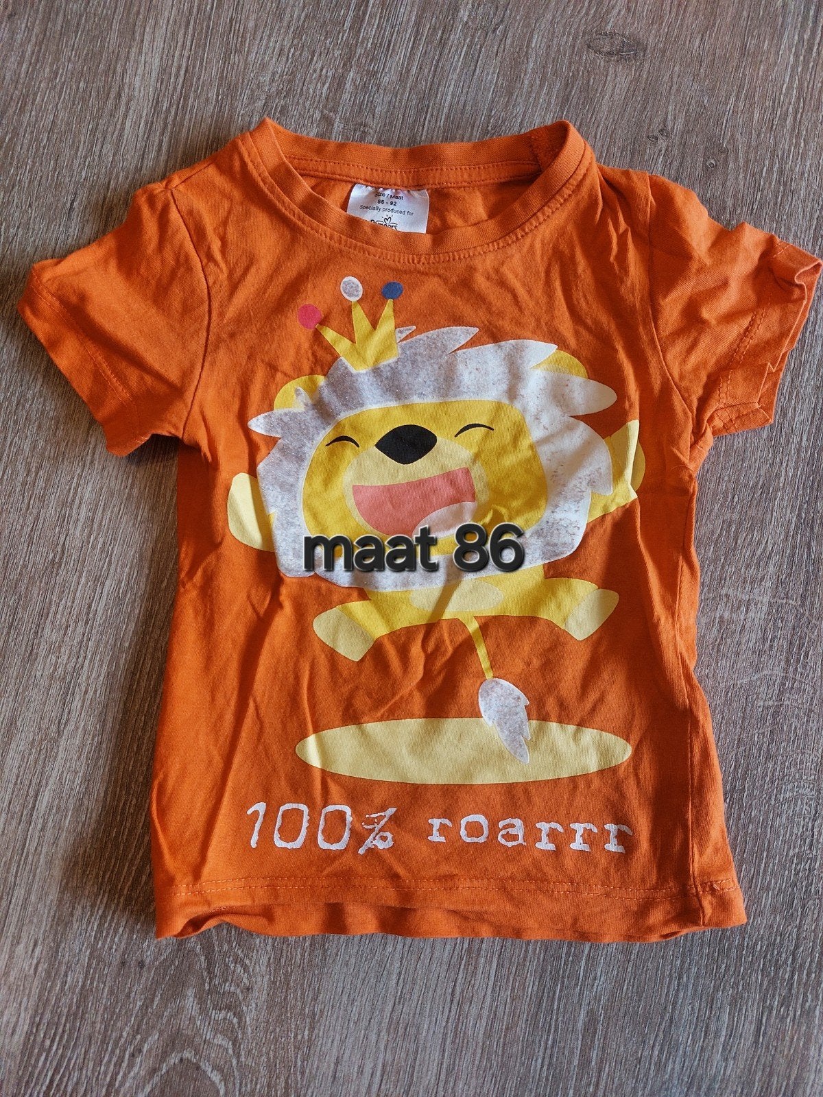 Oranje T-shirt met leeuwprint - Maat 86, Kinderen en Baby's, Babykleding | Maat 86, Gebruikt, Jongetje of Meisje, Ophalen of Verzenden