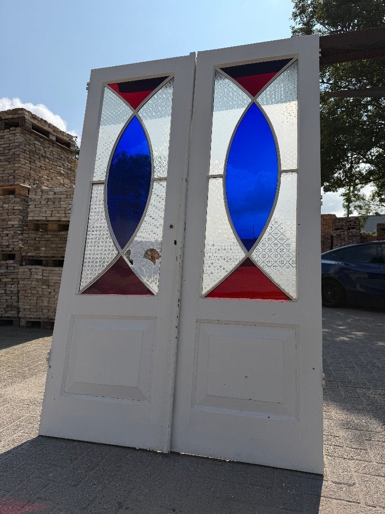 Prachtige set openslaande deuren met gekleurd glas 215x135cm, Ophalen