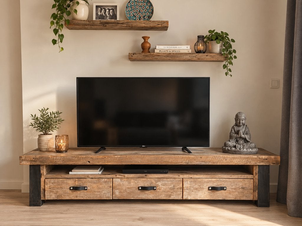 Uniek TV-meubel op maat met stalen poten - 183x51x45 cm, Overige houtsoorten, Gebruikt, Industrieel, robuust, 150 tot 200 cm