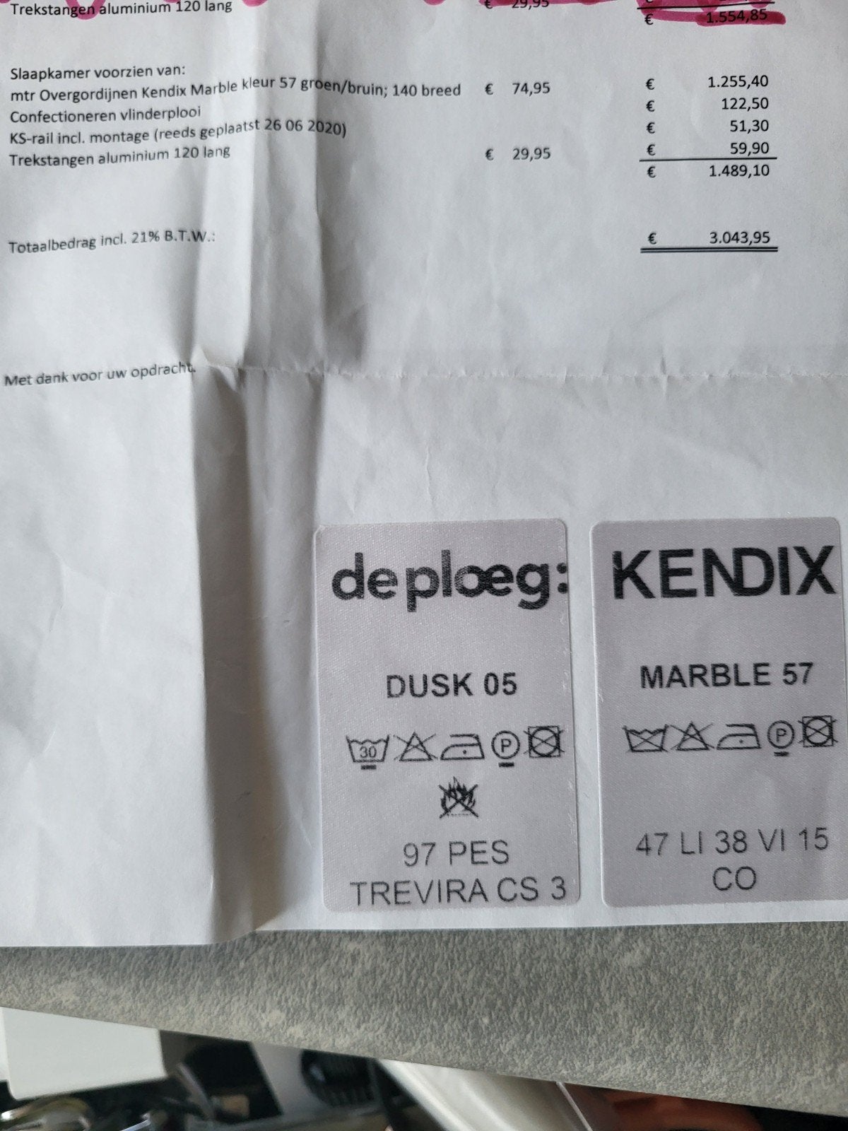 2 Overgordijnen Kendix Marble 140 breed groen/bruin, Plooiafwerking, Overige merken, Groen, Ophalen of Verzenden