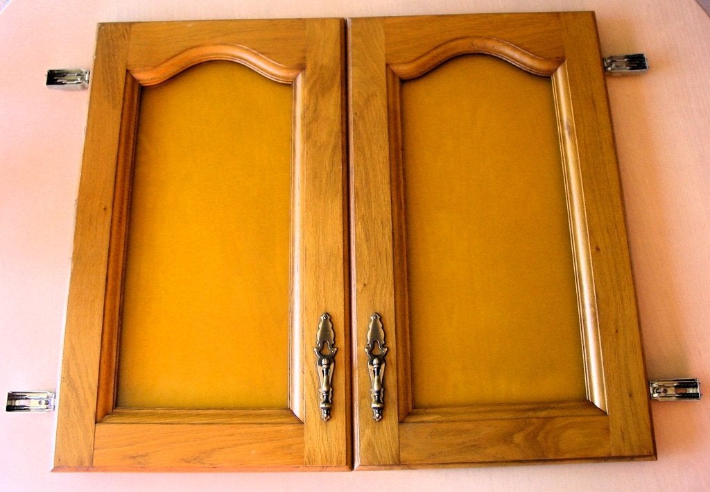 brocante vitrine keukenkastdeuren, massief eikenhout, geel, Huis en Inrichting, Minder dan 50 cm, Geel, Ophalen of Verzenden, Zo goed als nieuw