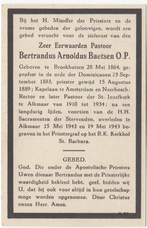 pastoor Bertrandus Baetsen 1864 Broekhuizen + 1943 Alkmaar, Ophalen of Verzenden
