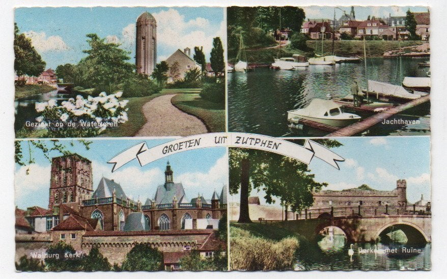 Groeten uit Zutphen (watertoren jachthaven kerk ruïne) 1964, Ophalen of Verzenden, 1960 tot 1980, Gelopen, Gelderland