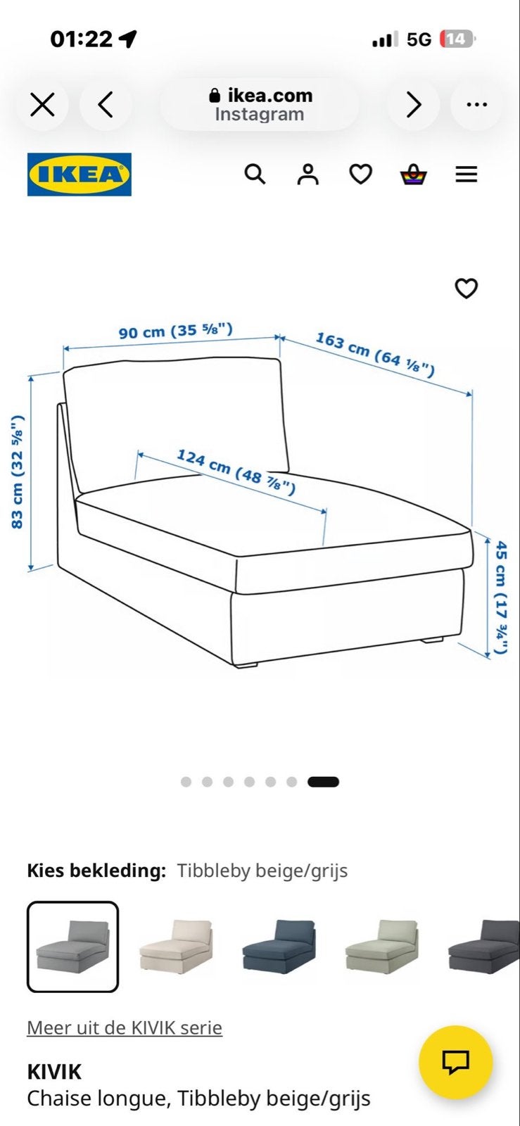IKEA KIVIK Chaise longue, Tibbleby beige/grijs, Gebruikt, Eenpersoons, Ophalen of Verzenden, Minder dan 150 cm