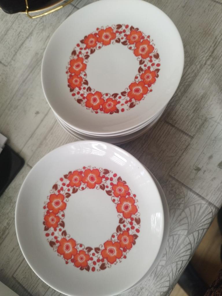 11 stuks vintage gebaksborden met oranje bloemmotief, Ophalen of Verzenden, Gebruikt, Overige stijlen, Bord(en)