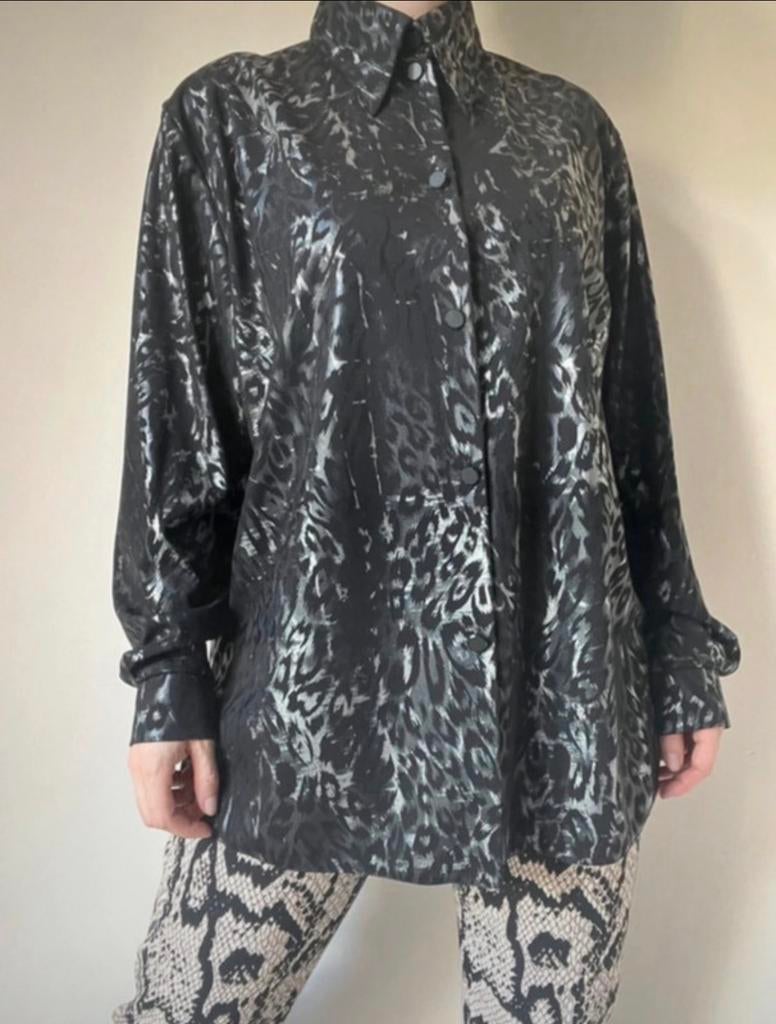 Vintage metallic blouse met panterprint, L. Part 00s 90s Y2K, Verzenden, Maat 42/44 (L), Vintage, Grijs