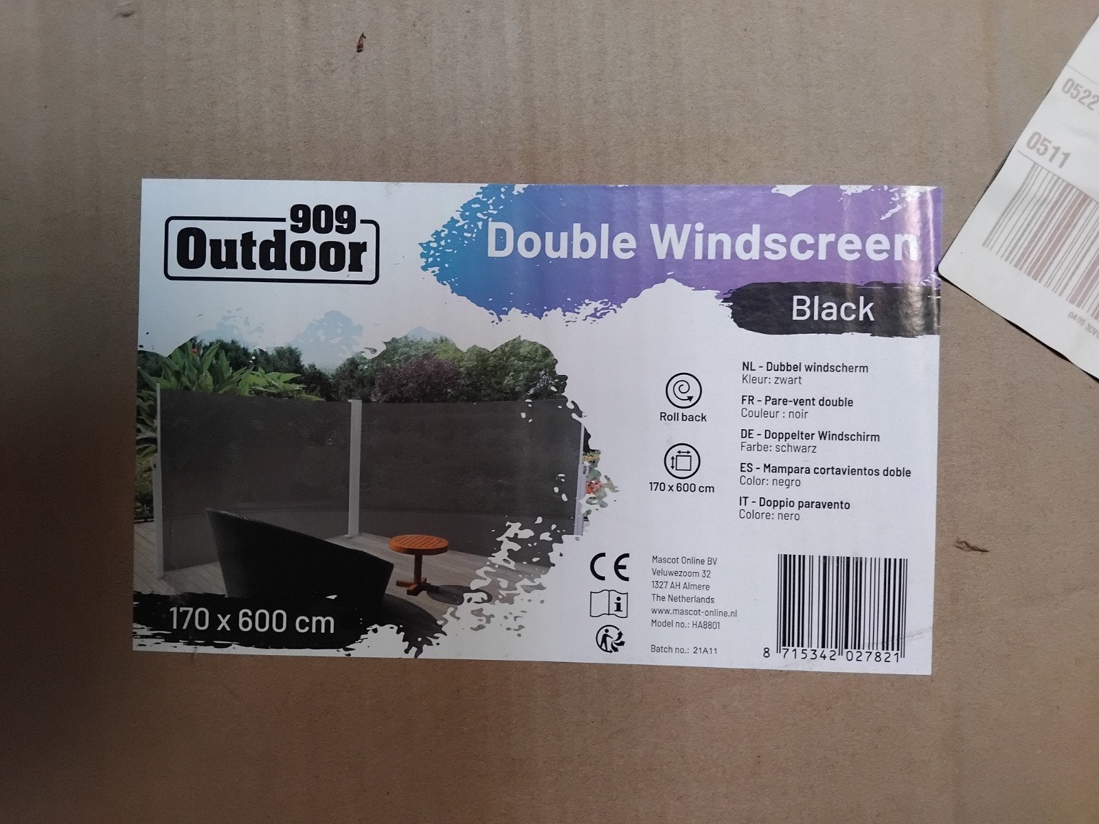 Nieuw in doos.909 Outdoor Dubbel Windscherm Zwart 170x600 cm, Ophalen, Nieuw