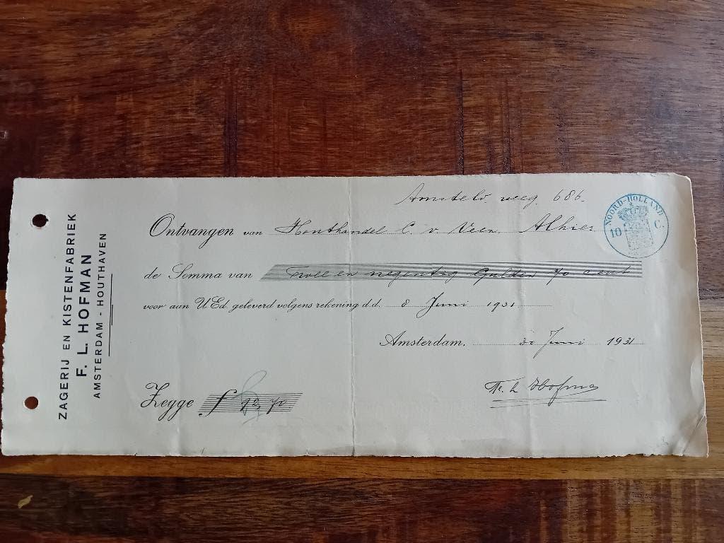 Kwitantie Zagerij en Kistenfabriek F.L. Hofman - Amsterdam, Ophalen of Verzenden, Voor 1940, Gebruikt, Prent