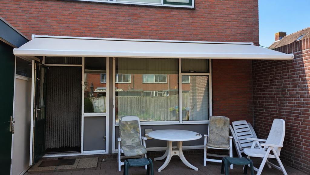 Elektrisch zonnescherm 5 meter breed – gedemonteerd, Ophalen, Gebruikt, 450 cm of meer, Elektrisch