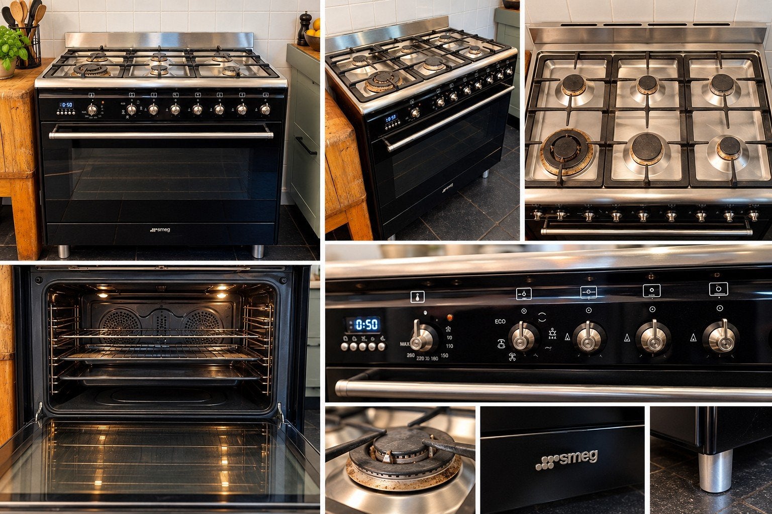 SMEG 6-pits gasfornuis met grote oven – zwart – vrijstaand, 60 cm of meer, Ophalen of Verzenden, Gas, Vrijstaand