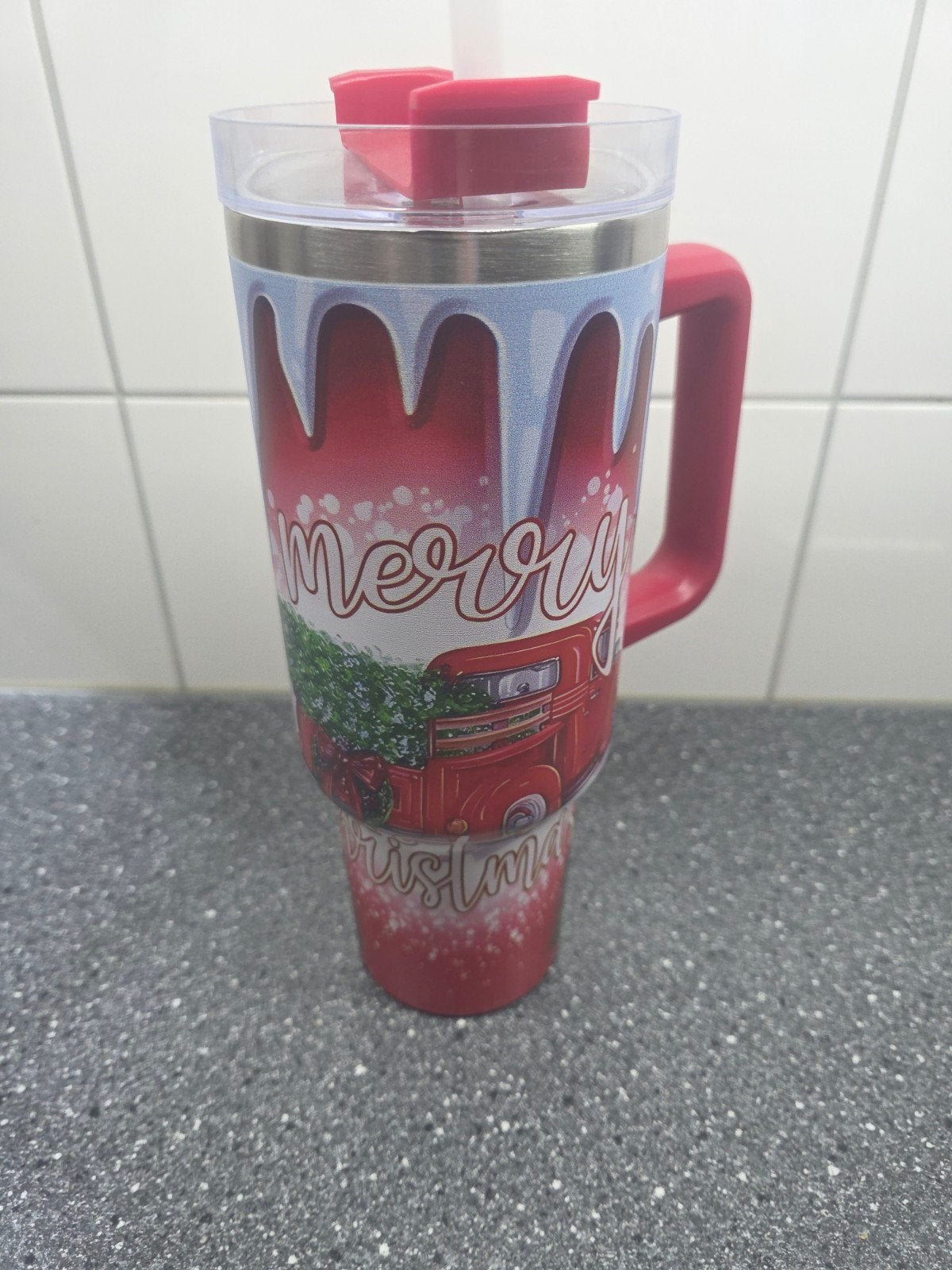 Grote drinkbeker met handvat en rietje - Kerstthema, Overige typen, Kunststof, Nieuw, Ophalen of Verzenden