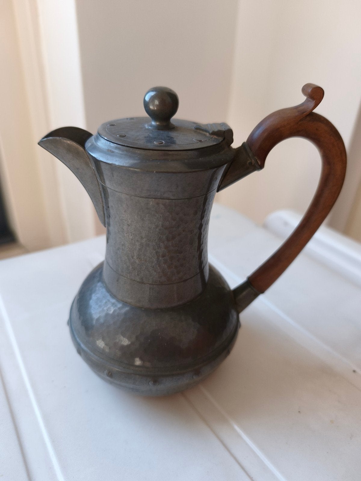 Antieke tinnen koffiepot met houten handvat, Ophalen of Verzenden