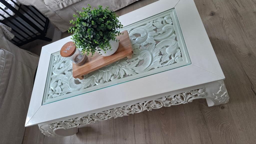 UNIEK! Prachtige opium salontafel handgemaakt wit teakhout, Huis en Inrichting, Tafels | Salontafels, 100 tot 150 cm, Teakhout