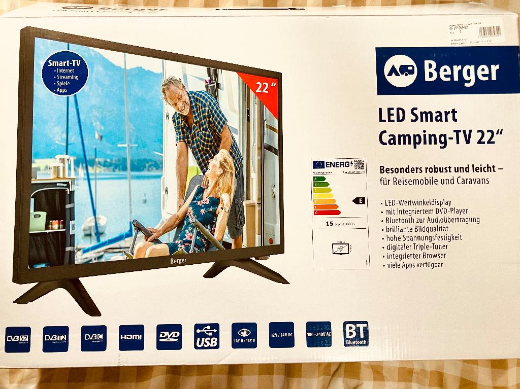 Berger Led Smart Camping TV 22” én buitenantenne op stang, Ophalen, Zo goed als nieuw