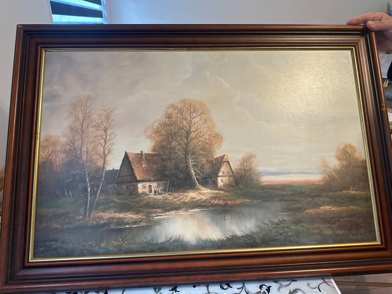 Oud schilderij uit 1934 - Landschap met boerderij en water, Gedateerd, Doek, Ophalen of Verzenden, Landschap