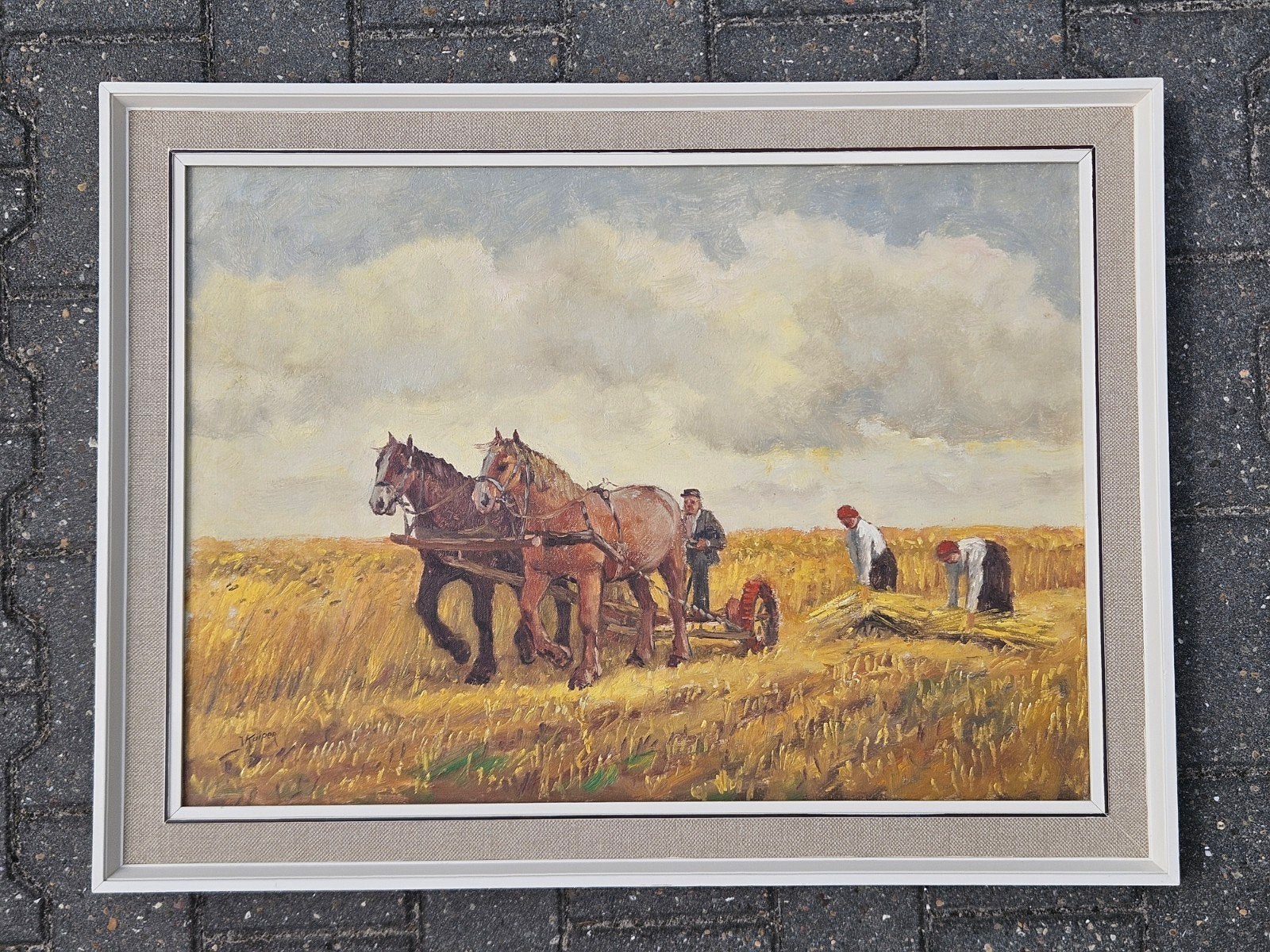 Antiek schilderij olieverf op doek impressionistisch paarden, Ophalen, Doek, Olieverf, Origineel werk