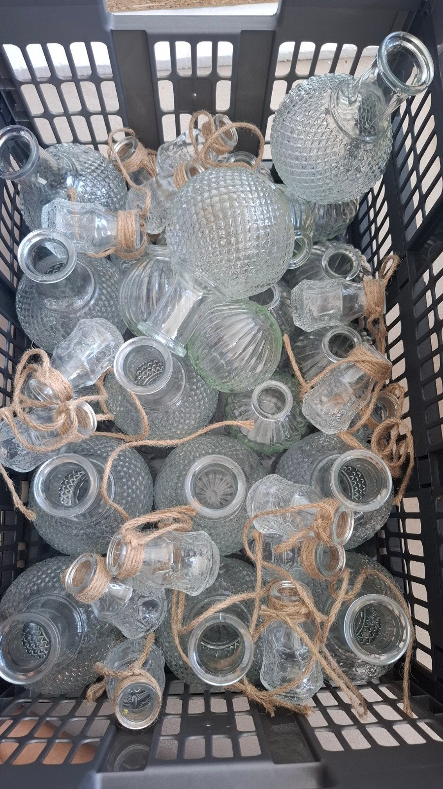 Diverse glazen vaasjes en bolvaasjes - set van 38 stuks, Ophalen, Zo goed als nieuw, Transparant, Glas