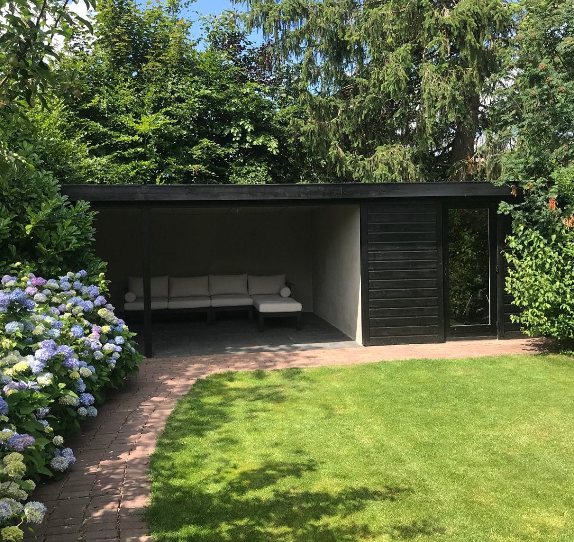 Veranda tuinhuis incl. schuur zwart 8.20 x 3.65 m, Tuin en Terras, Tuinhuizen, Ophalen of Verzenden, Zo goed als nieuw, 250 tot 500 cm