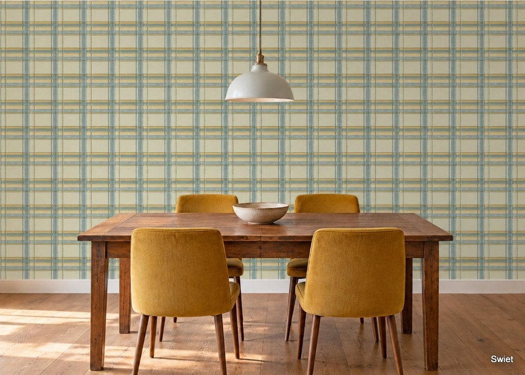 12809 Vintage behang met Schotse ruit in blauw en oker swiet, Ophalen of Verzenden, Blauw