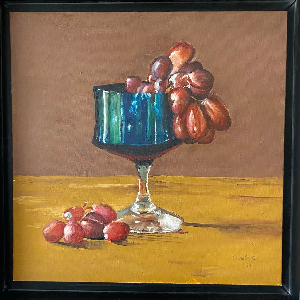 Olieverfschilderij: Stilleven met druiven en glas, Antiek en Kunst, Kunst | Schilderijen | Klassiek, Ophalen of Verzenden