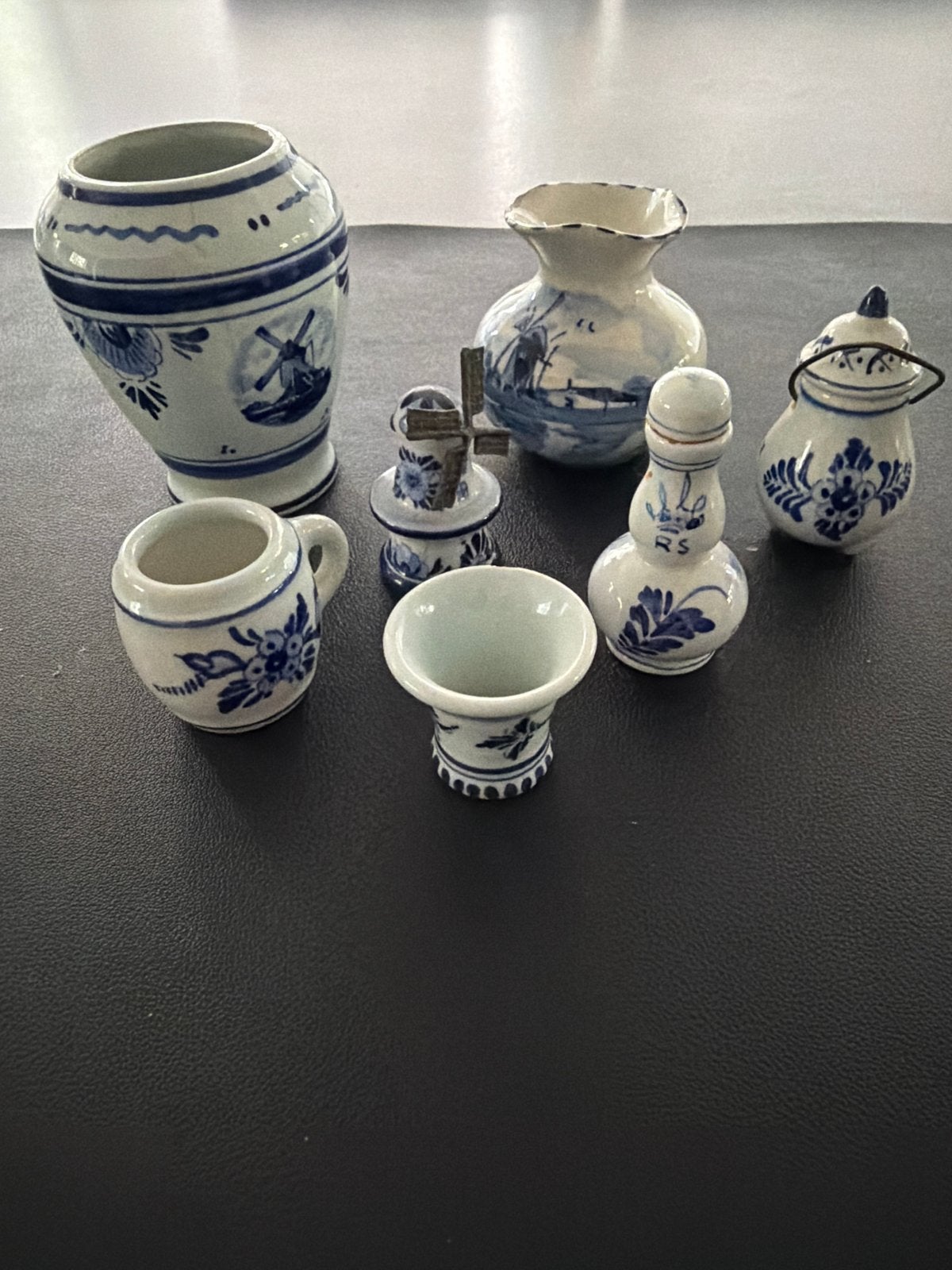 Set van 7 Delfts Blauw miniatuur vazen en molen, Antiek en Kunst, Ophalen of Verzenden