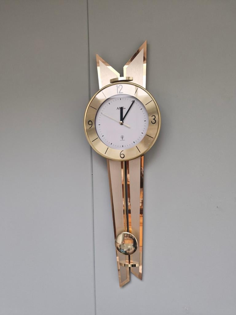 AMS Wandklok met Slinger - Goudkleurig Design, Antiek en Kunst, Ophalen