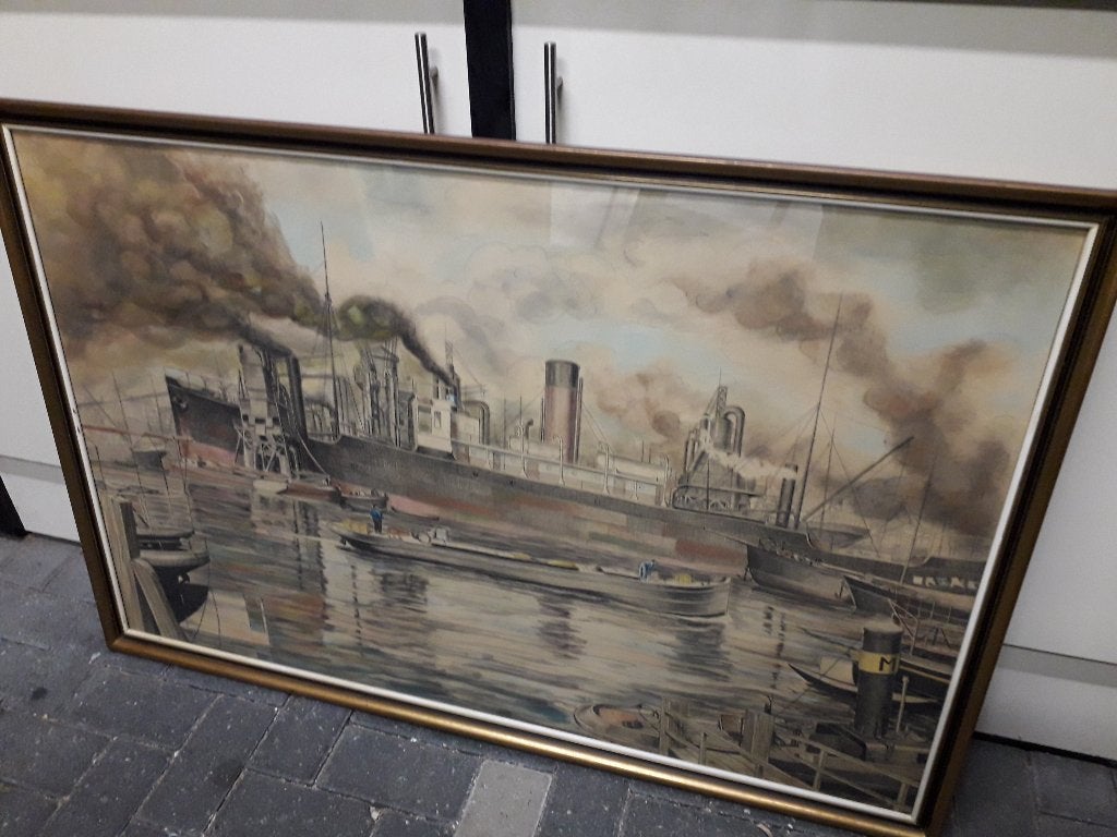 PRACHTIG ANTIEK HAVEN SCHILDERIJ in GEMENGDE TECHNIEK, Antiek en Kunst, Ophalen, Maritiem / water, Klassiek, Gedateerd