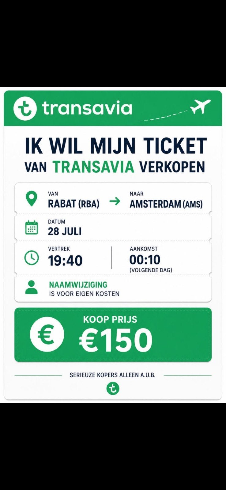 Transavia ticket Rabat-Amsterdam, Tickets en Kaartjes