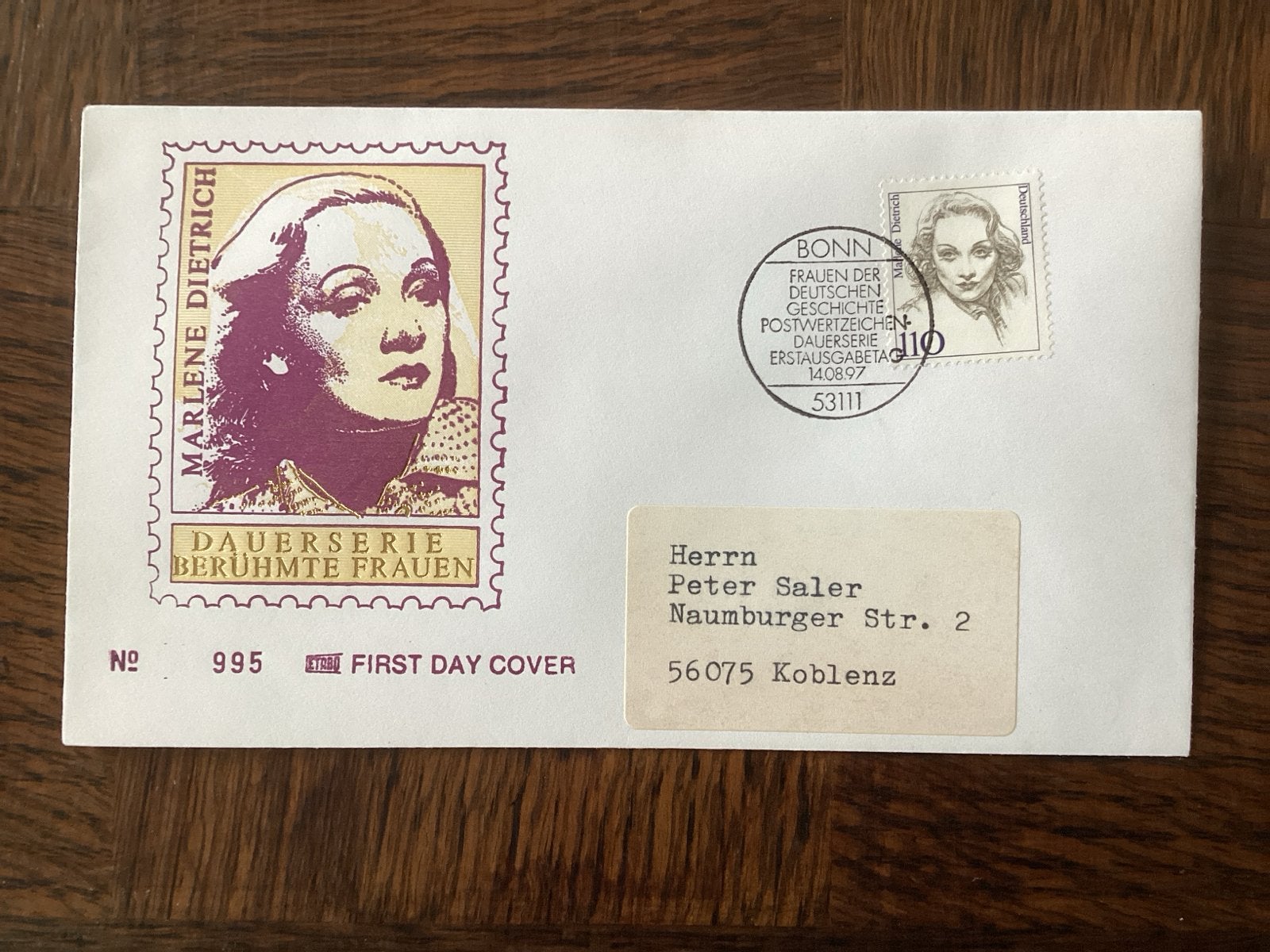 Marlene Dietrich First Day Cover - Dauerserie Berühmte Fraue, Postzegels en Munten, Postzegels | Eerstedagenveloppen, Ophalen of Verzenden