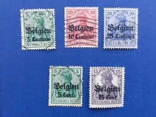 Postzegel Belgie 1914 5 zegels Germania 20-07, Ophalen of Verzenden, Duitse Keizerrijk, Gestempeld