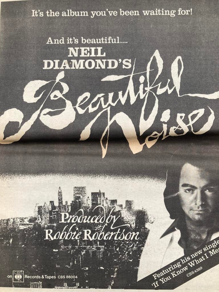 Paginagrote A3 advertentie NEIL DIAMOND Beautiful Noise, Verzamelen, Ophalen of Verzenden, Zo goed als nieuw, A1 t/m A3