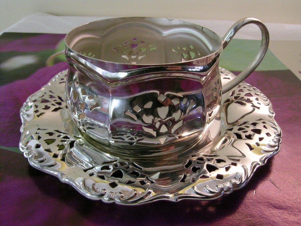 Kop en schotel/theeglas houder verzilverd Ajour vintage 6x, Ophalen of Verzenden