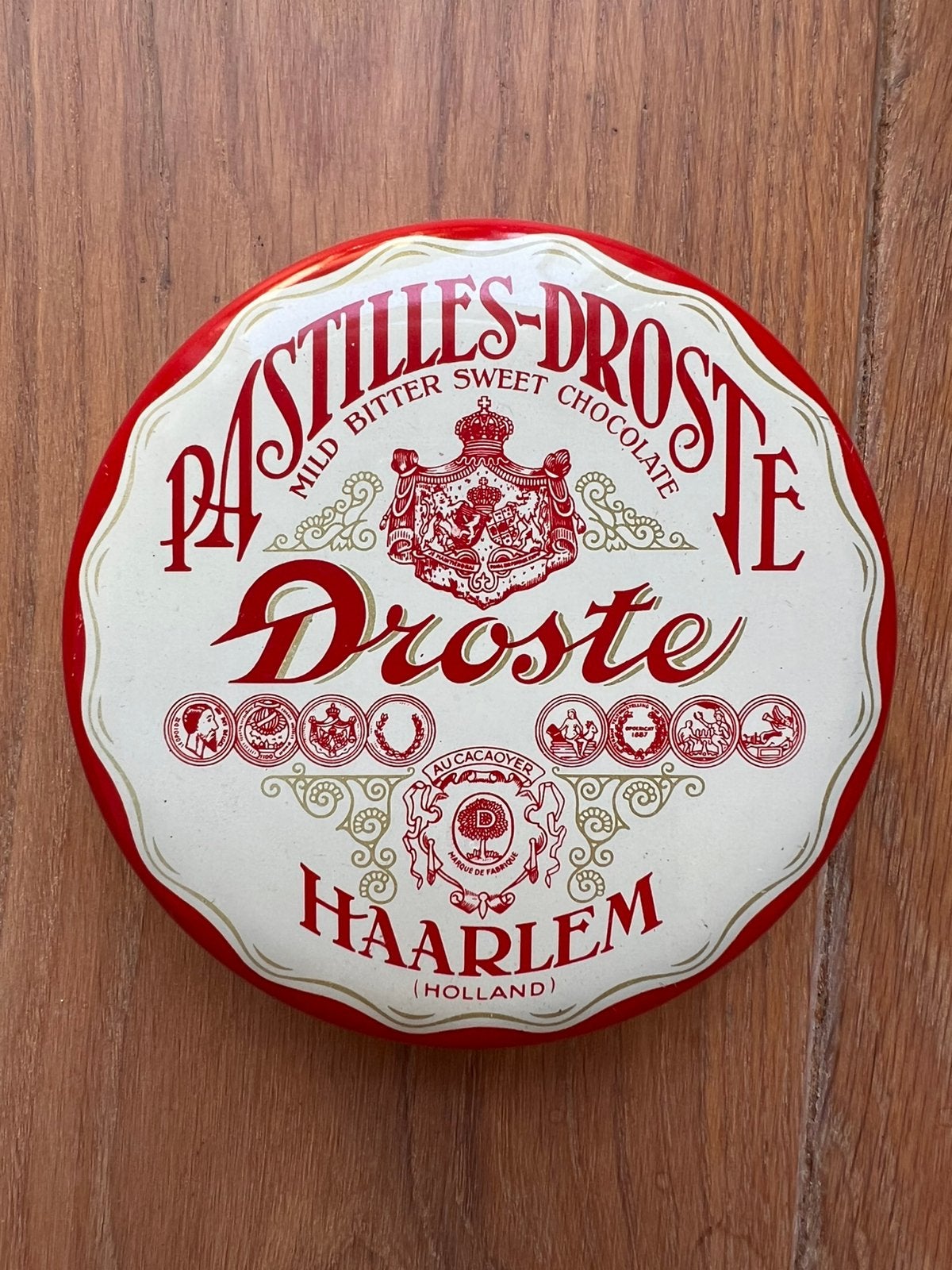 Rood/wit rond blik Droste Haarlem, Verzamelen, Blikken, Ophalen of Verzenden, Gebruikt, Overige, Droste