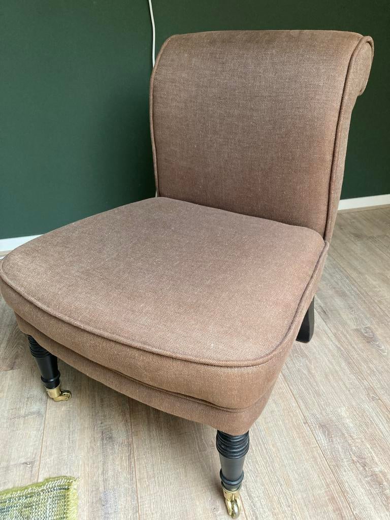 Lage fauteuil van Eicholtz - Klassiek model in bruine stof, Ophalen, Gebruikt, 75 tot 100 cm, Stof