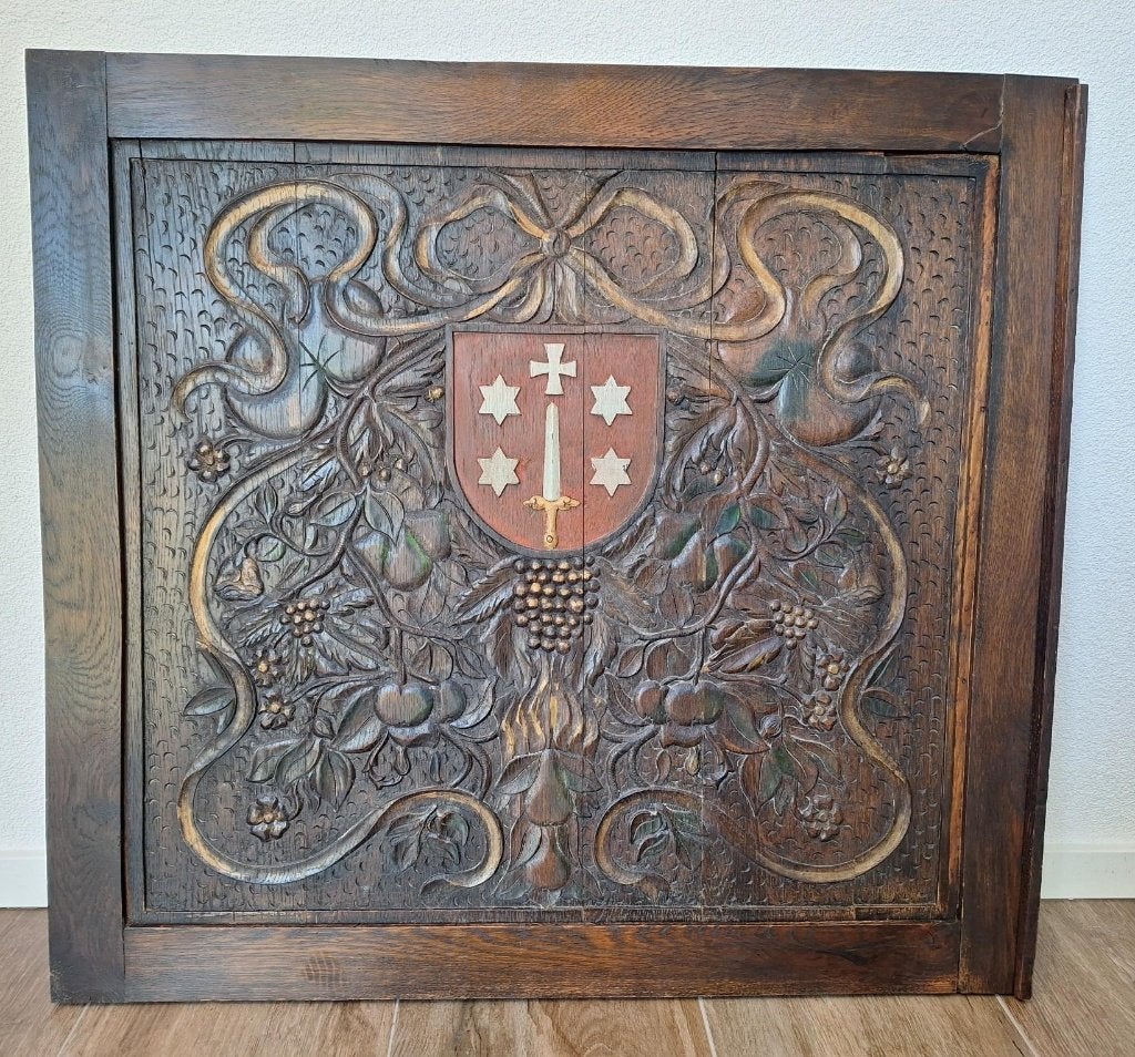 Antiek houten paneel met stadswapen van Haarlem, Ophalen of Verzenden