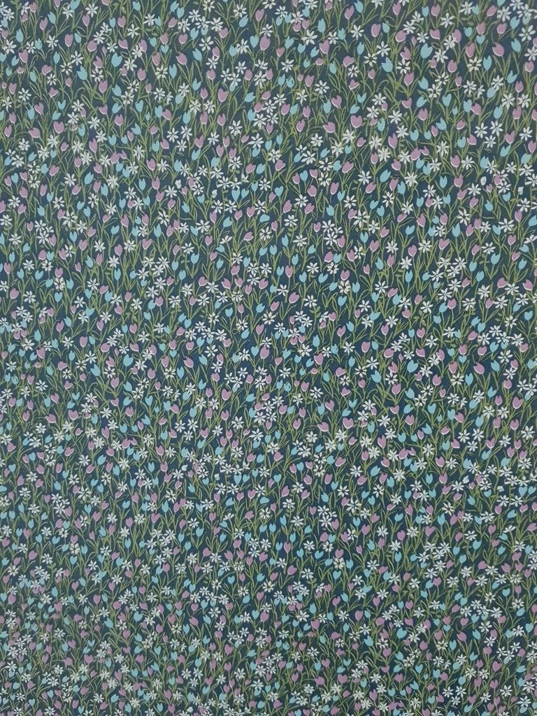 12513 Donkerblauw behang met roze en witte bloemetjes swiet, Ophalen of Verzenden, Roze