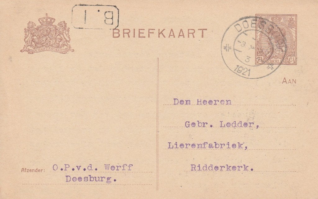 DOESBURG 1921 O.P. vd WERFF over aanpassing lieren, Ophalen of Verzenden, 1920 tot 1940, Gelopen, Gelderland