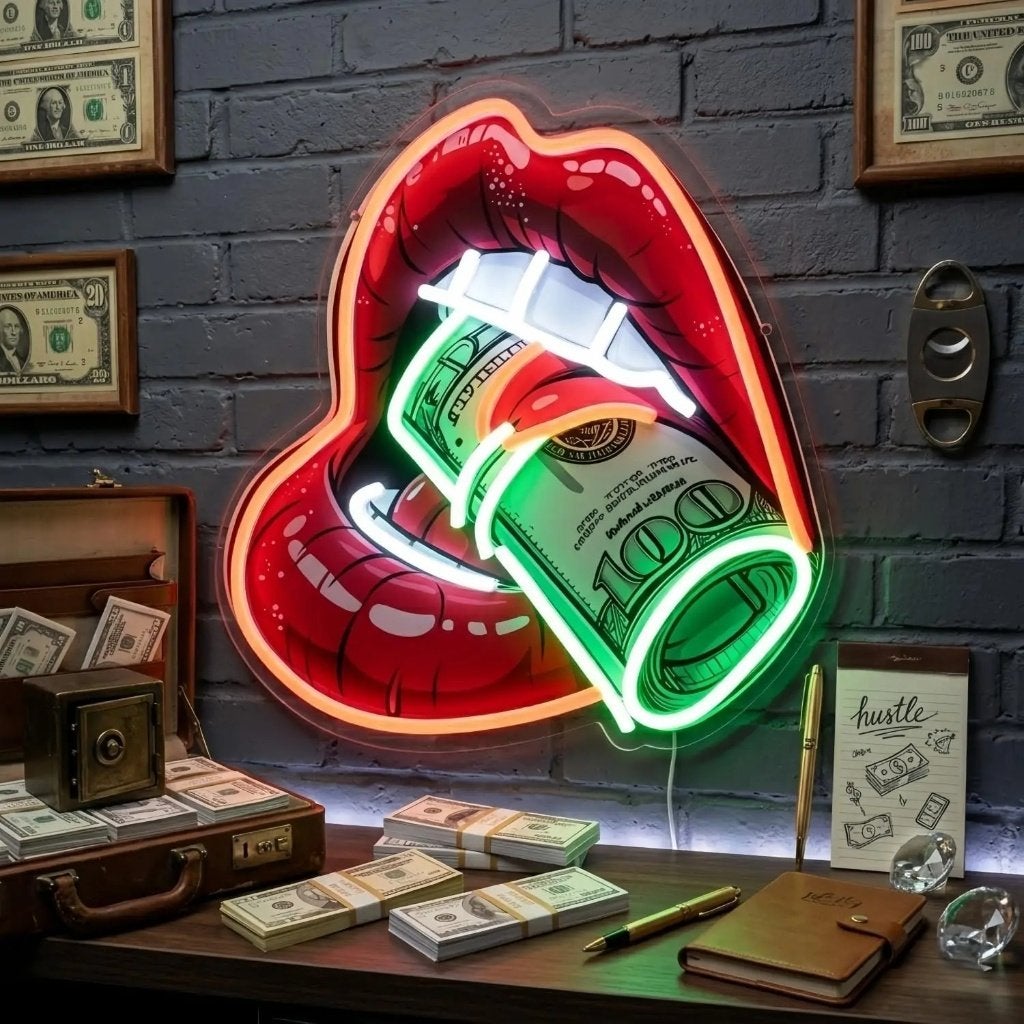 LED lamp neon stijl Geld met lippen (36x33cm), Ophalen of Verzenden, Nieuw, Lichtbak of (neon) lamp