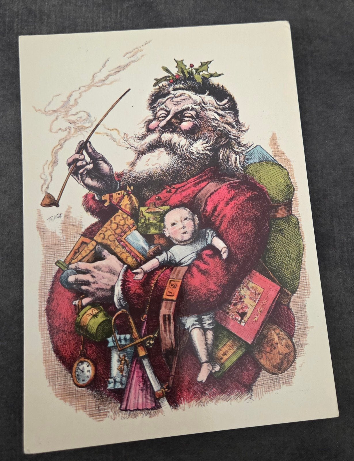 Vintage Kerstkaart: Oude Kerstman met Pijp en Cadeaus, Verzamelen, Verzenden, 1980 tot heden, Gelopen, Feest(dag)