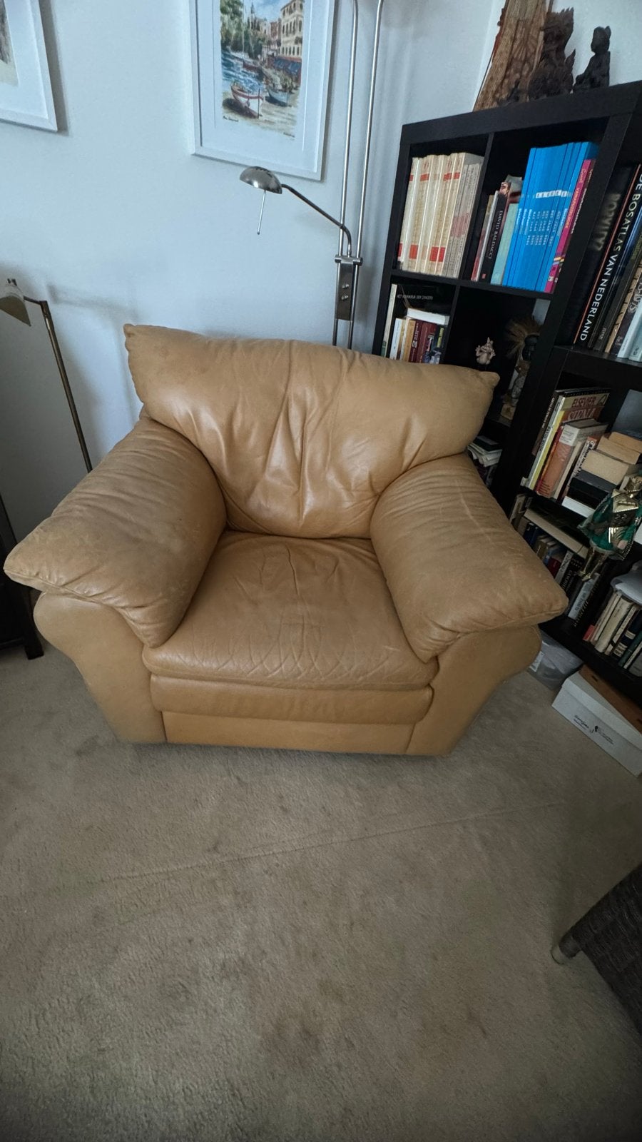 Comfortabele leren fauteuil - Beige, Ophalen, Gebruikt, Leer, 75 tot 100 cm